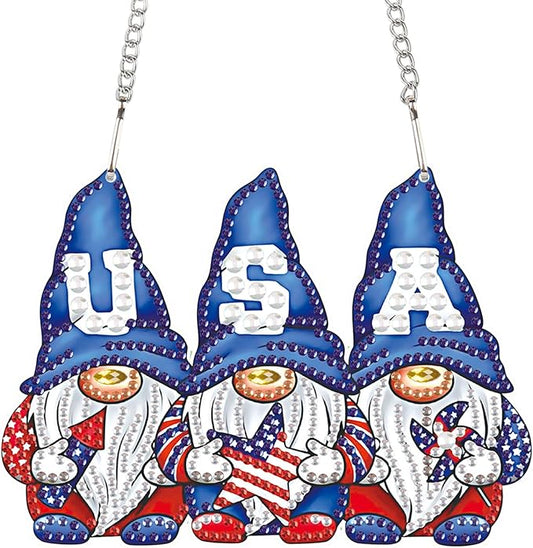 AiYuanzsh 5D Diamond Painting Hanging Pendant Kit – Independence Day Gnome 5D Diamond Art Dots Acrylic Pendant Craft for Adults – Crystal Rhinestone Suncatcher for Door Wall Window Decor