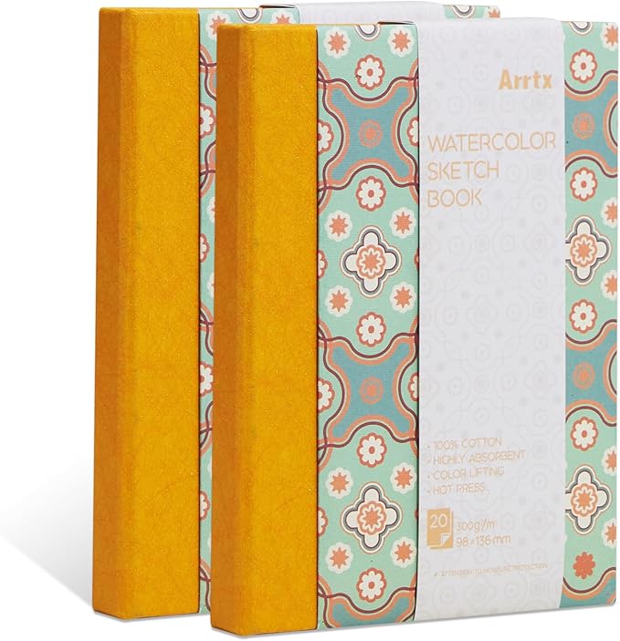 2 Pack Arrtx Watercolor Sketchbook, 5.35x3.86, 140 LB, 300 GSM, 100% Cotton Paper, Hot Press, 40 Sheets, Hardcover Watercolor Journal for Use As Travel Notebook for Artists Adults Students