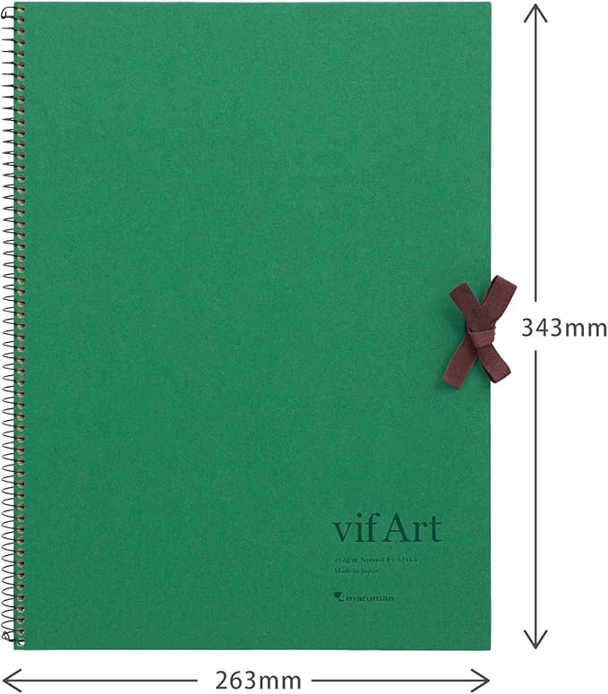 Maruman VifArt Watercolor Artbook- Premium Medium Watercolor Paper, Natural White, F4, 13.5" x 10.35", 15 Sheets/ 30 Pages, Reinforced Cover Sketchbook for Watercolor & Mixed Media, Green