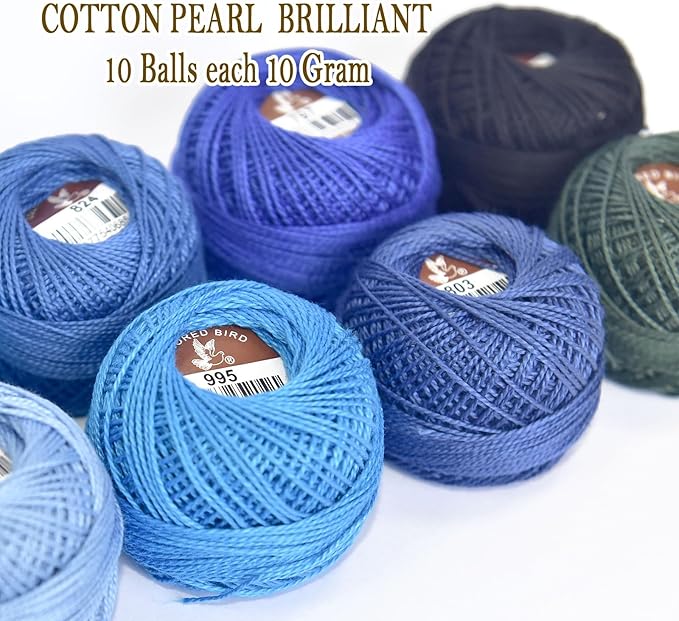 Double Mercerized Egyptian Long Staple Cotton Pearl Thread Ball 10 Grams Rainbow Color Embroidery Thread 10 Colors per Box for Crochet Hardanger Cross Stitch Hand Embroidery,Blue Series