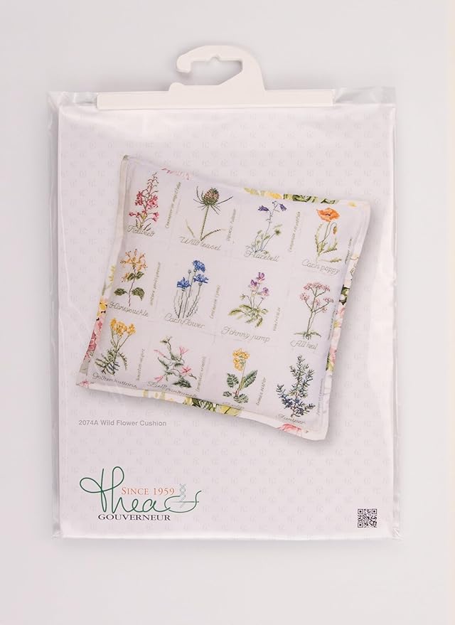 Thea Gouverneur - Counted Cross Stitch Kit - Wild Flower Cushion - Aida - 16 Count - Embroidery Kit for Adults - DMC Embroidery Threads and Other Cross Stitch Supplies Included - 2074A