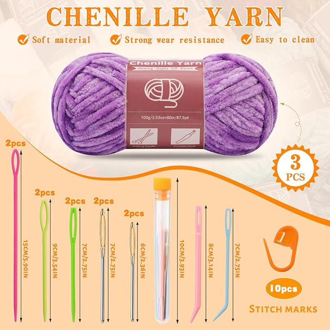 LUNARM 3 * 100g Chenille Yarn, Yarn for Crocheting Knitting with Big Eye Needles, Handcrafts Weaving Soft Chenille Yarn for Making Blankets, Clothes, Pattern Knitting Creations (Light Purple)