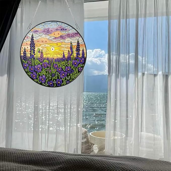 hyzsj DIY Hanging Diamond Art Pendant Painting Kit Lavender Sunset,Acrylic 5D Painting Window Pendants, Special Crystal Gem Craft Painting Kit Ornament 9.4x9.4inch