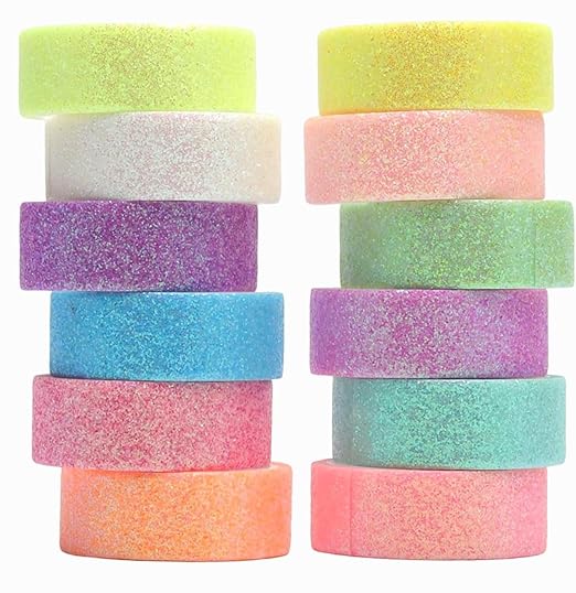 12 Rolls Glitter Washi Tape Set Christmas Washi Masking Tape Decorative Adhesive Tape for Scrapbooking DIY Crafts Crafters Embellished Journals Planners Cards Gift Wrapping Ribbons Wedding (B)