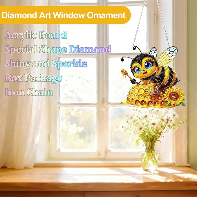 CEOVR Bee Hanging Diamond Art for Adults, Bee Honey Diamond Painting Pendant DIY Gem Art Wall Hanging Ornament, Acrylic Home Garden Decor with Chain, Box Kit 7.77×7.3inch