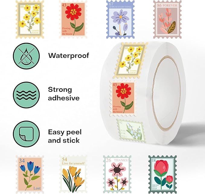 1000pcs flower stamp stickers roll for kids, 2 rolls 10 styles floral sticker rolls for scrapbook, planner, journal, envelope, card making, gift wrapping, party favors
