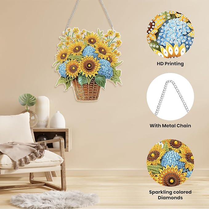 Genius maker Sunflowers Diamond Art Hanging Kits for Adults, Fall Special Shaped Diamond Painting Kits, DIY Acrylic 5D Crystal Diamond Gem Art Painting Hanging Ornament for Home Wall Decor