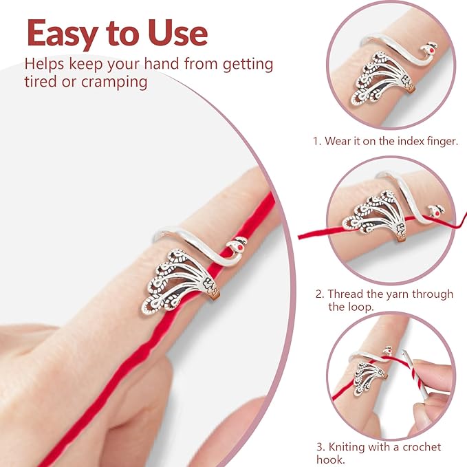 LBU 4Pcs Crochet Ring + 60Pcs Stitch Markers Adjustable Crochet Tension Rings for Finger Yarn Tension Guide Rings Crocheting Knitting Accessories with Box Gifts for Crocheters Knitters(Peacock)