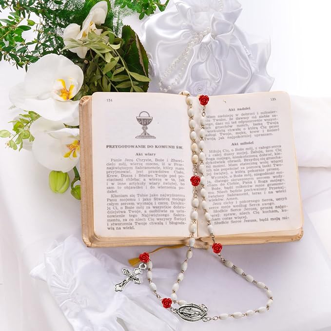140 Pcs Rosary Making Supplies Carved Rose Beads Flower Beads Kit Cross Centerpiece Crucifix Medal, Silver Jesus Maria Pendant for Bracelet Necklace(Red)