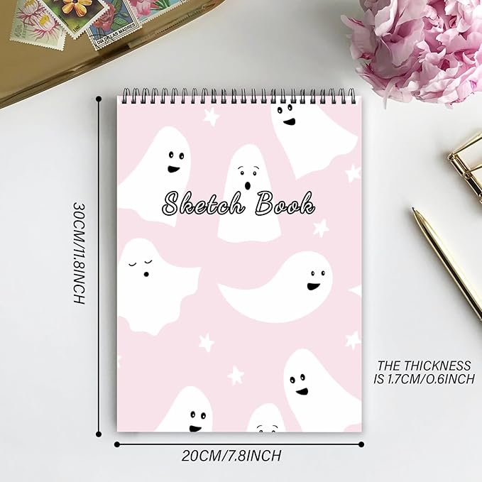 Cabreche Sketch Book Top Spiral Bound Sketch Pad, 9 x 12 inch,100GSM Thick Paper,50 Sheets 100 Pages,Art Sketchbook Artistic Aesthetic Writing Drawing Paper for Girls Women Cool Little Specter-Pink