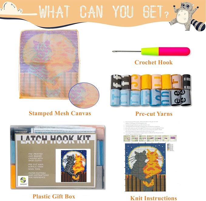 EMISTEM Latch Hook Kits for Adults - DIY Latch Hook Rug Kits, Crochet Kit for Beginners, Rug Making Kits with Printed Canvas, Gift Packaging. (Two Cats,16x21)
