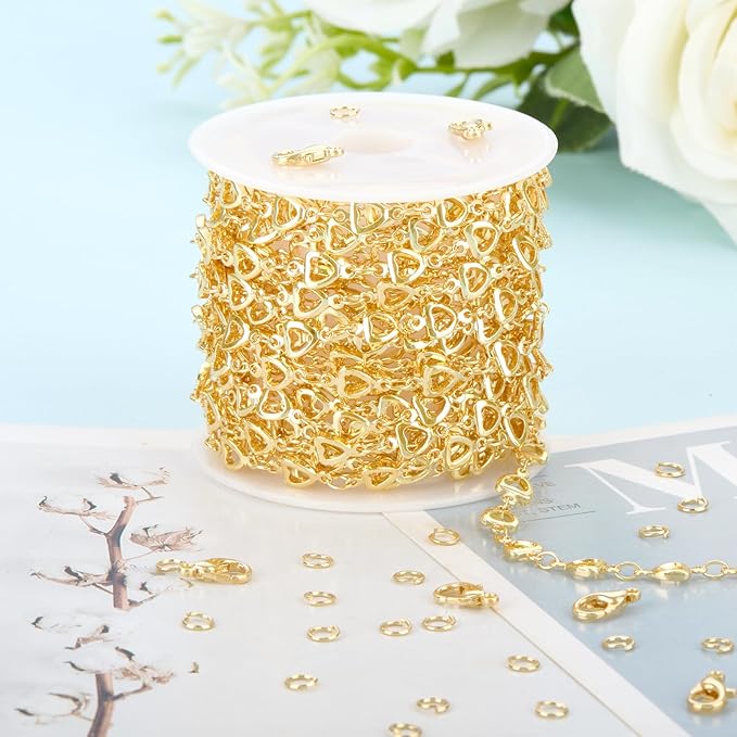 KYUNHOO 13 Feet Hollow Heart Chain for Jewelry Making 18K Gold Plated Brass Jewelry Chains Bulk with Lobster Clasps Jump Rings for Crafting Supplies