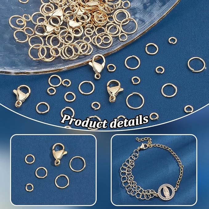 PH PandaHall 24K Gold Plated Jewelry Clasps Kit, 530pcs 4/5/6/7/8mm Open Jump Rings with 10pcs 12x7mm Lobster Claw Clasps 304 Stainless Steel Jewelry Findings for Keychain Pendants Jewelry Making