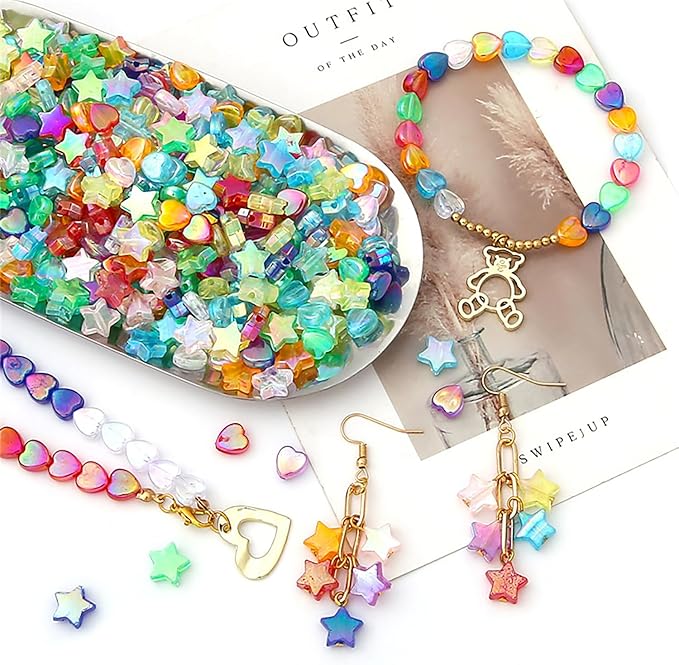 840 PCS Acrylic Beads Heart Star Shape Beads for Jewelry Making, Clear Acrylic AB Colors Bead Assortments Colorful Charming Beads Loose Beads Spacer for DIY Necklace Bracelet Jewelry Craft Making