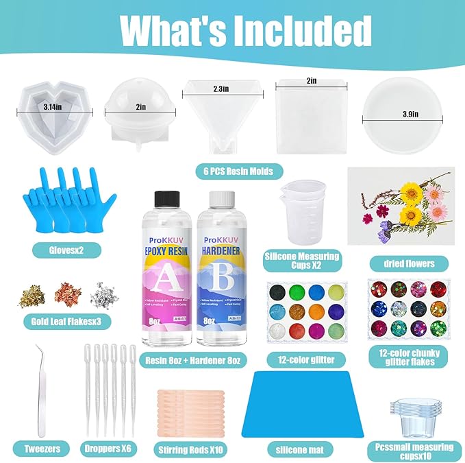 ProKKUV Epoxy Resin Kit for Beginners 16oz Crystal Clear Epoxy Craft Set with Molds & Glitter Complete DIY Resin Supplies for Perfect Starter Kit for Jewelry, Coasters & Creative Gifts