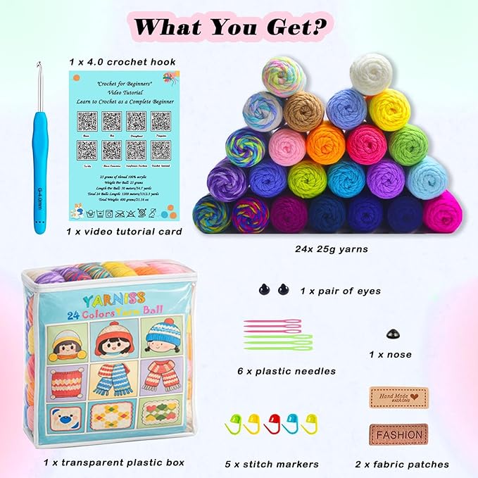 Yarniss Crochet Yarn Kits for Starter, 1312 Yards Acrylic Crochet Yarn for Crafts,24 Colors Knitting Yarn Skeins with 4.0mm Crochet Hook