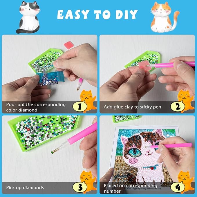 QEUOYSS Diamond Art Kit for Kids with Wooden Frame Art and Crafts for Kids Ages 6-8 -10-12 Easy to DIY Diamond Art for Kid and Adult Beginners Home Wall Decoration (uad-02 cat)