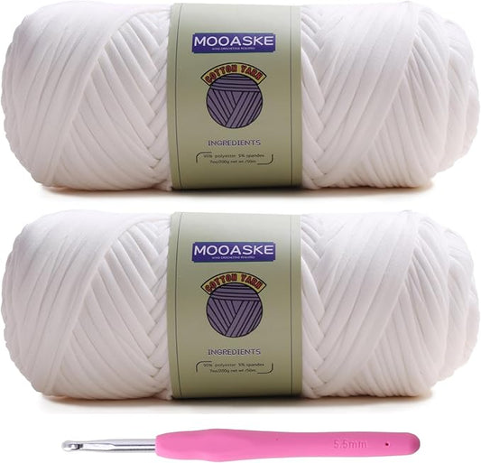 2 Pack T-Shirt Crochet Yarn for DIY Knitting Crochet Cloth Blanket Bag Dolls - 400g Chunky Thick Yarn for Crocheting with Polyester-Spandex Blend Elastic Fabric (White)