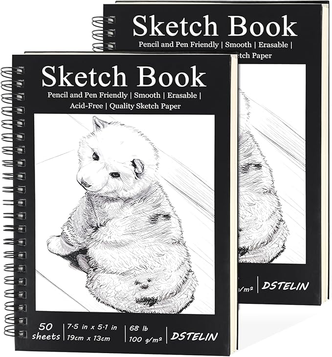 DSTELIN 2 Pack 7.5 x 5.1 Inch Spiral Bound Sketch Pad, Black Cover, 50 Sheets,100gsm, Hardcover, Suitable for Sketching and Drawing, Ideal for Daily Art Creation