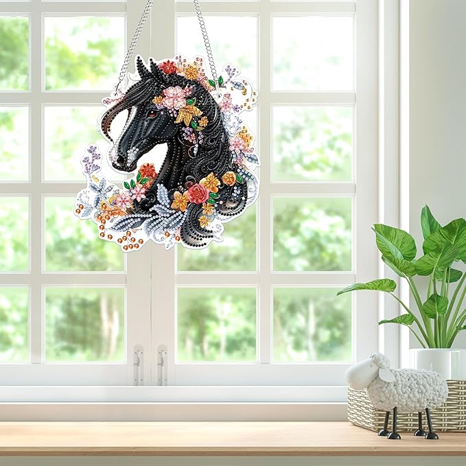 Bowetile Hanging Diamond Art Horse Kits for Adults, 5D Special Shape Diamond Painting Horse Kits, Animal Diamond Gem Art Suncatchers Painting Pendant Ornament for Home Garden Wall Decor