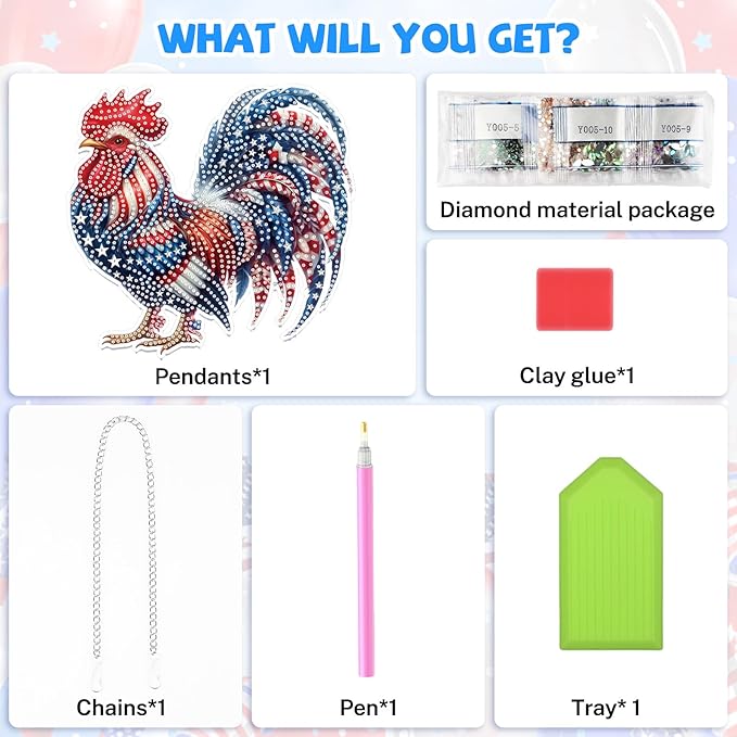 Bowetile Independence Day 5D Diamond Art Hanging Kits for Adults, 4th of July Chicken Diamond Painting Window Pendant Kits, Special Shape Gem Art Suncatchers Ornament for Home Garden Wall Decor