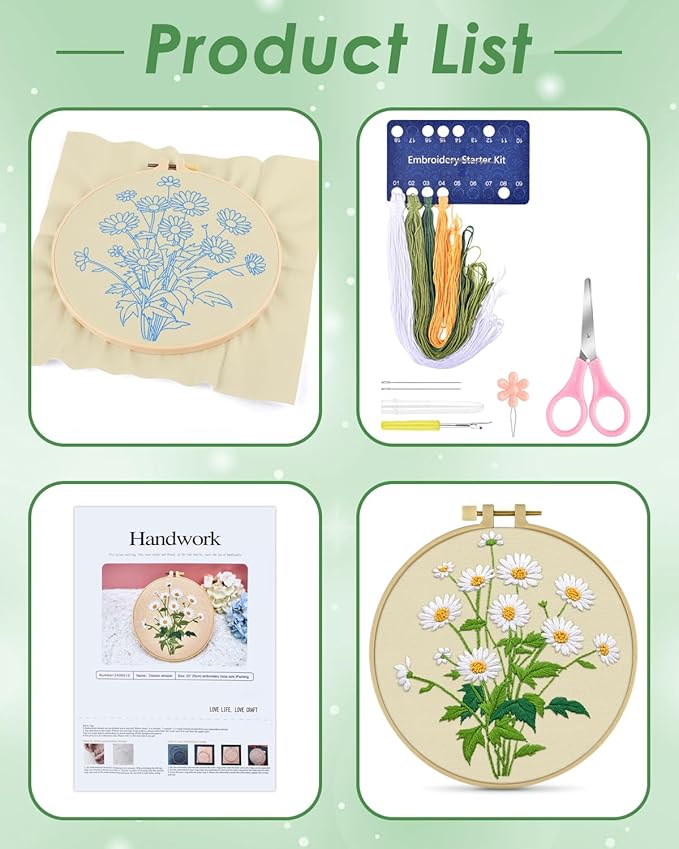 ERKOON Embroidery Kit for Beginners, Flower Cross Stitch Set Include Embroidery Cloth Hoops Threads for Craft Lover Hand Stitch with Embroidery Skill Techniques (Daisy)