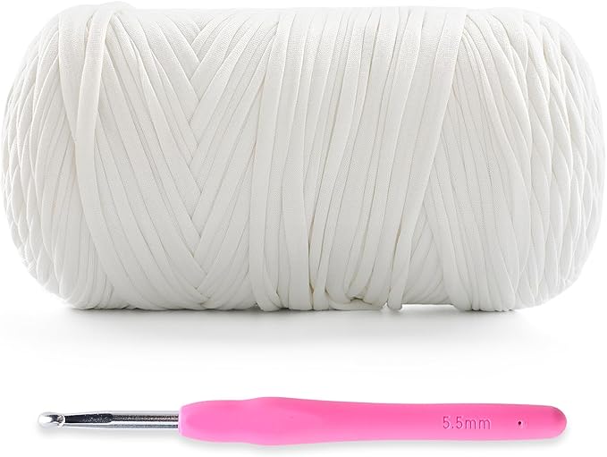 Soft T-Shirt Yarn for Crochet, T Shirt Yarns for Crocheting Crafts, Bags, Basket, Coaster, Tshirt Yarns - 400 g/130 yds with 1 Crochet Hook (1, White)