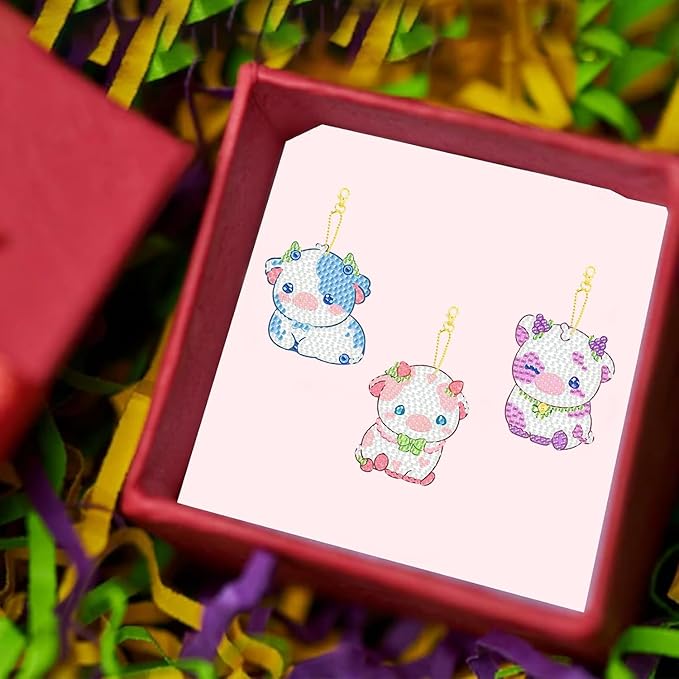 Masendp 8 Piece 5D DIY Cow Diamond Painting Keychain Set Fruit Cow Diamond Pendant Hanging Animal Art Decorations for Adult Beginner Pack Birthday Family Party Decoration