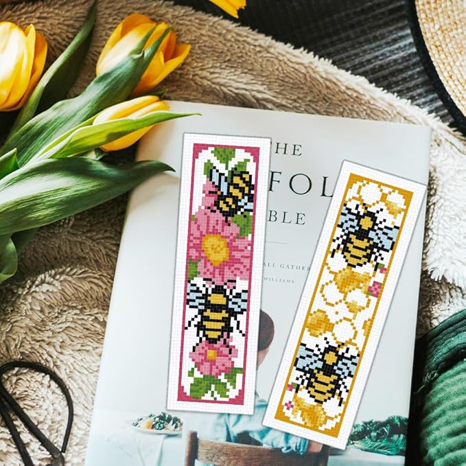 ORIGACH 6 Set Bees Cross Stitch Bookmark Kit for Beginner with Backing Felt Floss Instructions DIY Stamped Embroidery Bookmark Kit for Adults, Book Lovers