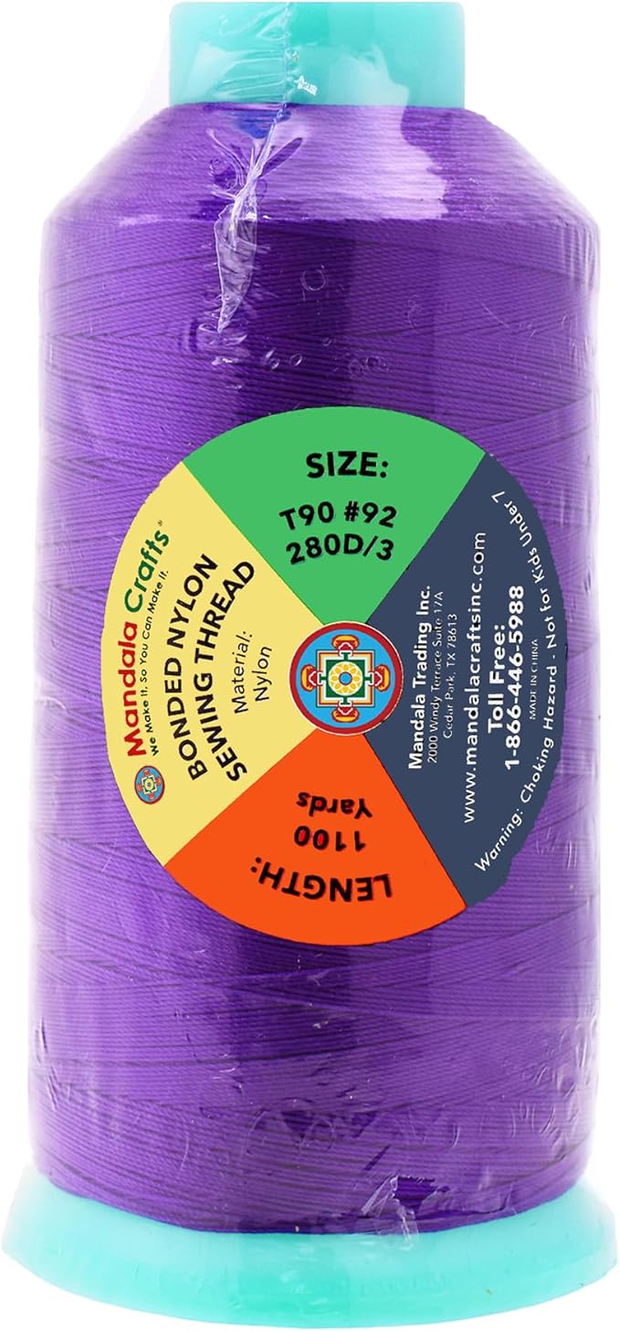 Mandala Crafts Size 92 280D T90 Bonded Nylon Thread - True Purple 1100 YDs Tex 90 Heavy Duty Sewing Threads for Leather, Jeans, Weaving, Outdoor Marine Upholstery