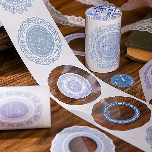 Vintage Pre-Cut Lace Border Circle Stickers Tape for Journaling, 6 Rolls White Kraft Paper Decorative Tapes Set, Frame Labels for Scrapbooking, Junk Journal Supplies, Collage, Card Making