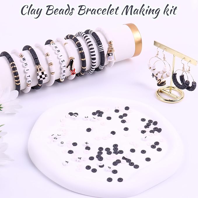 Wuollgess 3500 PCS Black White Clay Beads Kit for Bracelets Making, Polymer Heishi Beads for Jewelry Making, Friendship Bracelet Kit for Adults, Letter Beads for Necklace Earring DIY