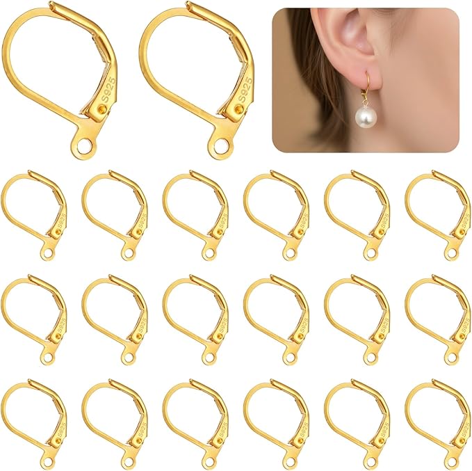 20 pcs golden 925 sterling silver leverback earring hooks skin-friendly french hook earring clasps with loop dangle earring findings for jewelry making and diy crafts