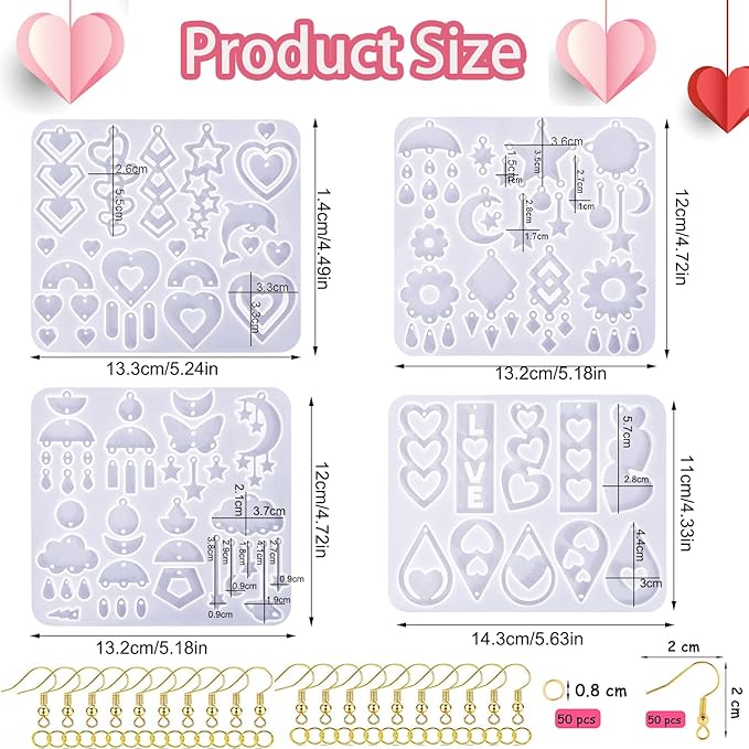 4 Pack Heart Resin Earring Mold Love Heart Star Shape Earring Silicone Molds for Mother's Day UV Casting Epoxy Silicone Molds Jewelry Earring Making Kit with 200 Earring Hook for DIY Crafts Keychains