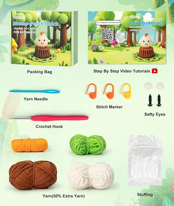 Totiro Crochet Kit for Beginners, Chicken Amigurumi Starter Kit, Easy DIY Craft Set with Step-by-Step Video Tutorials, Coaster Crochet Pattern Learning Kit for Teens Adults Birthday Gift