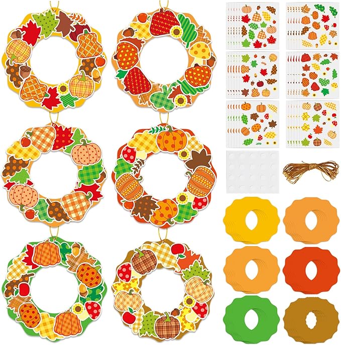 Lonfliness 36 Sets Fall Maple Leaves Pumpkin Wreath Craft Kits Autumn Checkered Polka Dot DIY Wreath Hanging Ornaments Thanksgiving Paper Art Craft for School Classroom Home Party Favors Activities