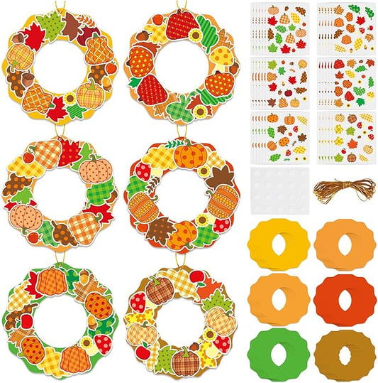 Lonfliness 36 Sets Fall Maple Leaves Pumpkin Wreath Craft Kits Autumn Checkered Polka Dot DIY Wreath Hanging Ornaments Thanksgiving Paper Art Craft for School Classroom Home Party Favors Activities