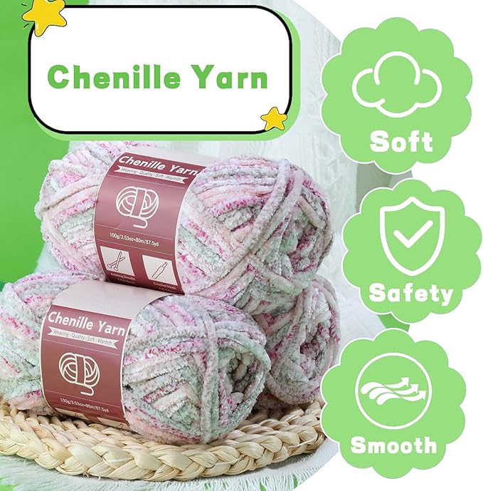 LUNARM Chenille Yarn for Crocheting Knitting, 3 Skein 10.58 oz / 263 Yard Thick Soft Chunky Fluffy Weaving Plush Yarn for Blankets Clothes Pattern with Big Eye Needles(Pink Purple Green Gradient)