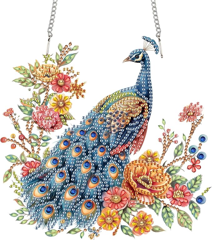 Reofrey Hanging Diamond Art Kits for Adults– 8x8Inch Peacocks Hanging Ornament Acrylic Board Double Sided Pattern Crystal Diamond Art Suncatcher Pendant, for Home Wall Window Decoration Handmade Gift