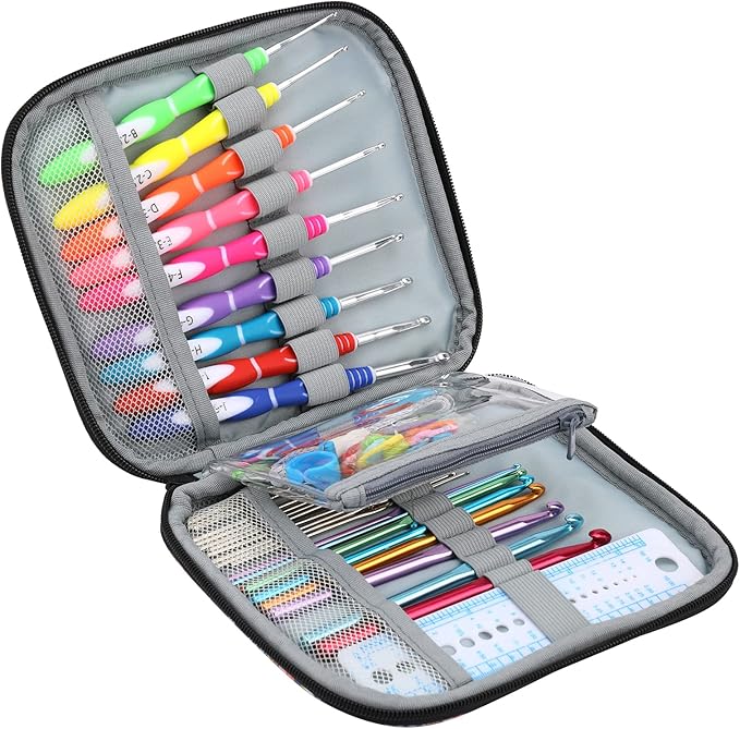 LOOEN New Set Crochet Hooks Set 62pcs Crochet Kit, 9pcs Rubber Handles Hook 2.0MM-6MM and 9pcs Aluminum Hooks Hook 12pcs Lace Hooks Comfort Grip for Arthritic Hands-Accessories Included (A - Blue)
