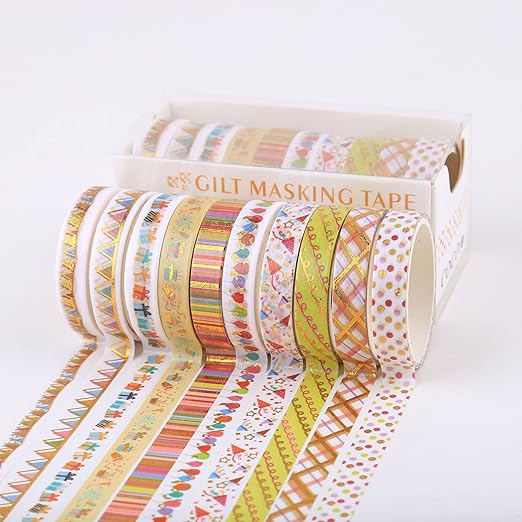 YUBBAEX 10 Rolls Sparkling Washi Tape Set 8mm Skinny Gold Foil Decorative Masking Washi Tapes for Bullet Journal,Scrapbook, Planner, DIY Crafts (Party Elements)