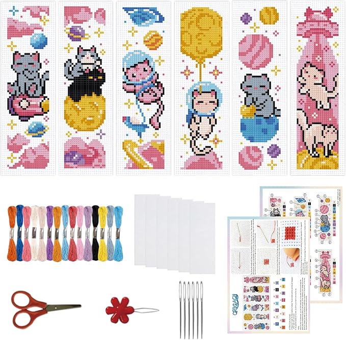 ORIGACH 6 Pcs Cross Stitch Bookmark Kit for Beginner Adults, Cute Cats in Outer Space Stamped Embroidery Bookmark Kit with Instruction for Starters Printed Cross Stitch DIY Kits for Book Lovers