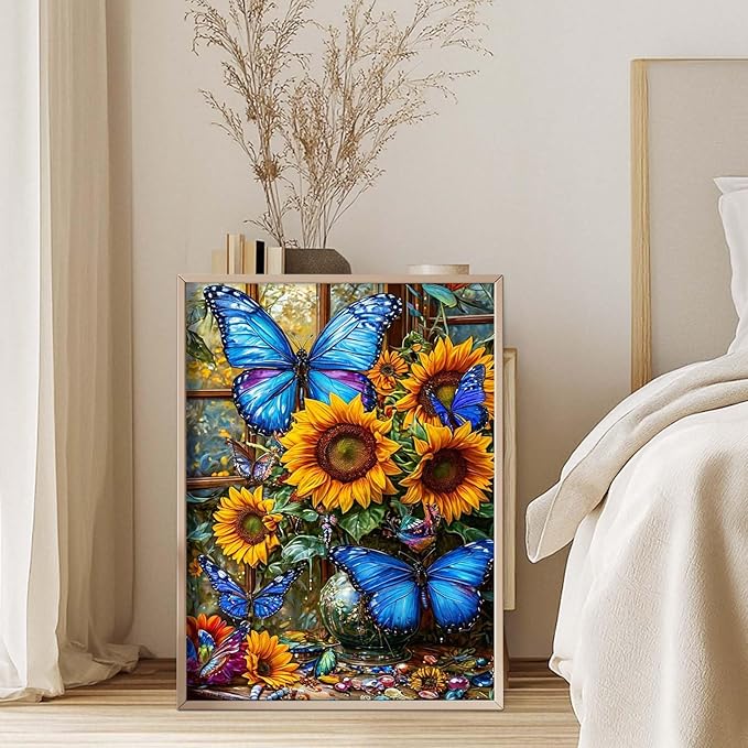 GEEHEIY Sunflower Diamond Art Kits for Adults, 5D Butterfly Diamond Painting Kits for Beginner, DIY Blue Butterfly Gem Art Dots for Adults, Perfect for Home Wall Decor 12x16 Inch
