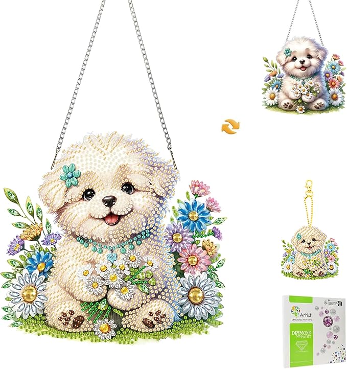 Masendp Dog and Flower Diamond Painting Double-Sided Hanging Ornament Set, DIY Irregular Shaped Rhinestone Window Decoration Set, Suitable for Home and Garden Wall Decoration Gifts
