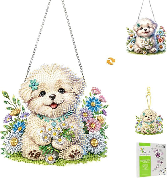 Masendp Dog and Flower Diamond Painting Double-Sided Hanging Ornament Set, DIY Irregular Shaped Rhinestone Window Decoration Set, Suitable for Home and Garden Wall Decoration Gifts