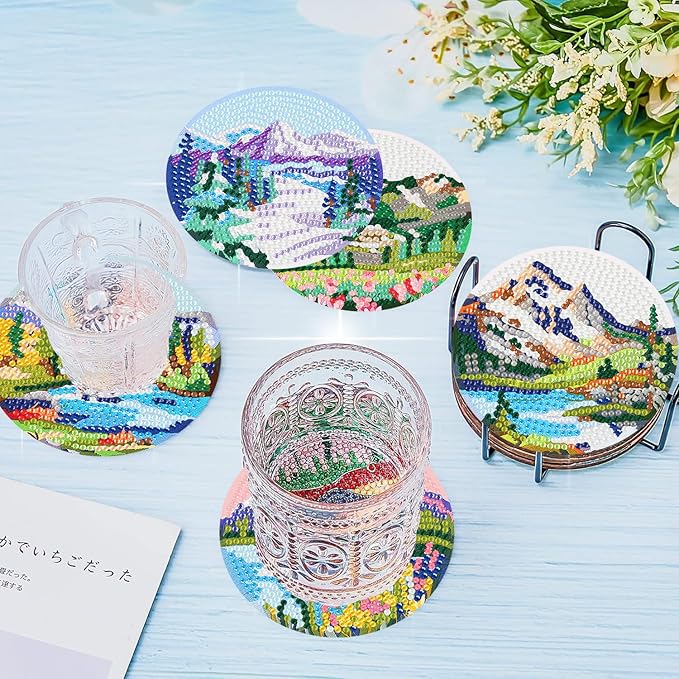 igoodom 8 Pcs Diamond Art Coasters Kit with Holder, DIY Landscape Diamond Painting Coasters for Beginners Adults, Non Slip Diamond Art Kits Craft Supplies 4x4inch