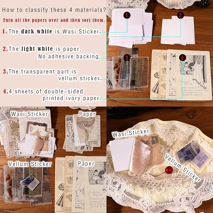 CATaireen Vintage Junk-Journal Mixed Paper Scrapbooking Embellishments Set Retro Journaling Decoupage Stickers Textured Packaging Decorative Cards Tags Kit (Old Memory)