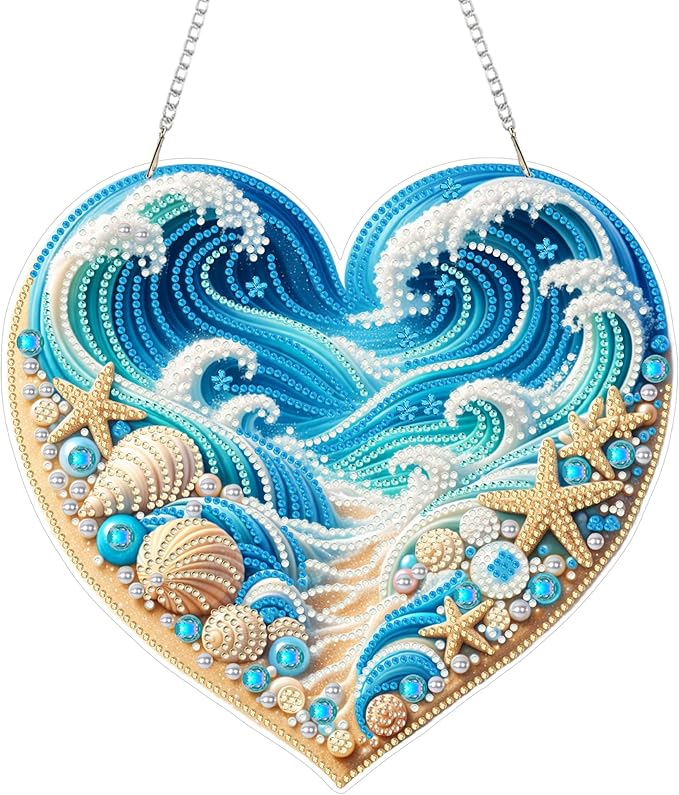 Yunzlly DIY Hanging Diamond Art Pendant Kit, Special Crystal Double Sided Diamonds Painting Ornament Kit for Adults, Acrylic Gem Painting Board for Window&Door&Wall (Beach)
