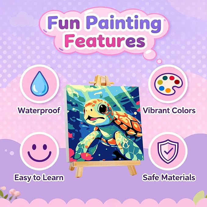 Gemozaic Sea Turtle Paint by Numbers Kit for Kids with Frame and Easel, Kids Paint by Number on Canvas for Age 4-8, 8x8 Inch