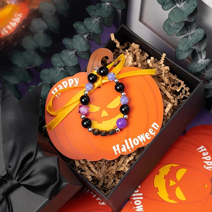 BeYumi Halloween Bracelet Craft Kit - 24 Pack Halloween Boo Letter Beads Friendship Bracelets with Pumpkin Gift Cards DIY Thankful Craft Kit Party School Classroom Party Fun Activities